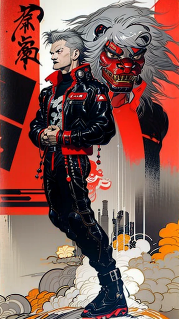 lion dance whole body cyber punk Japan Leather jacket Gray Hair AKIRA male Fantasy