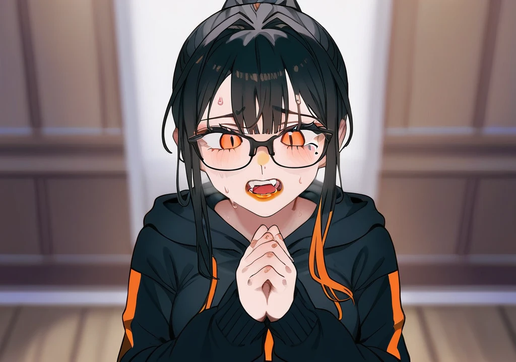 masterpiece, best quality, score_9,1older woman,orange lipstick,orange and black,black hoodie,siren glasses,mole,ponytail,orange and black hair,black hair,orange streaks,fangs,1woman,high quality,detailed,praying,sweat,worried expression,anime screeshot