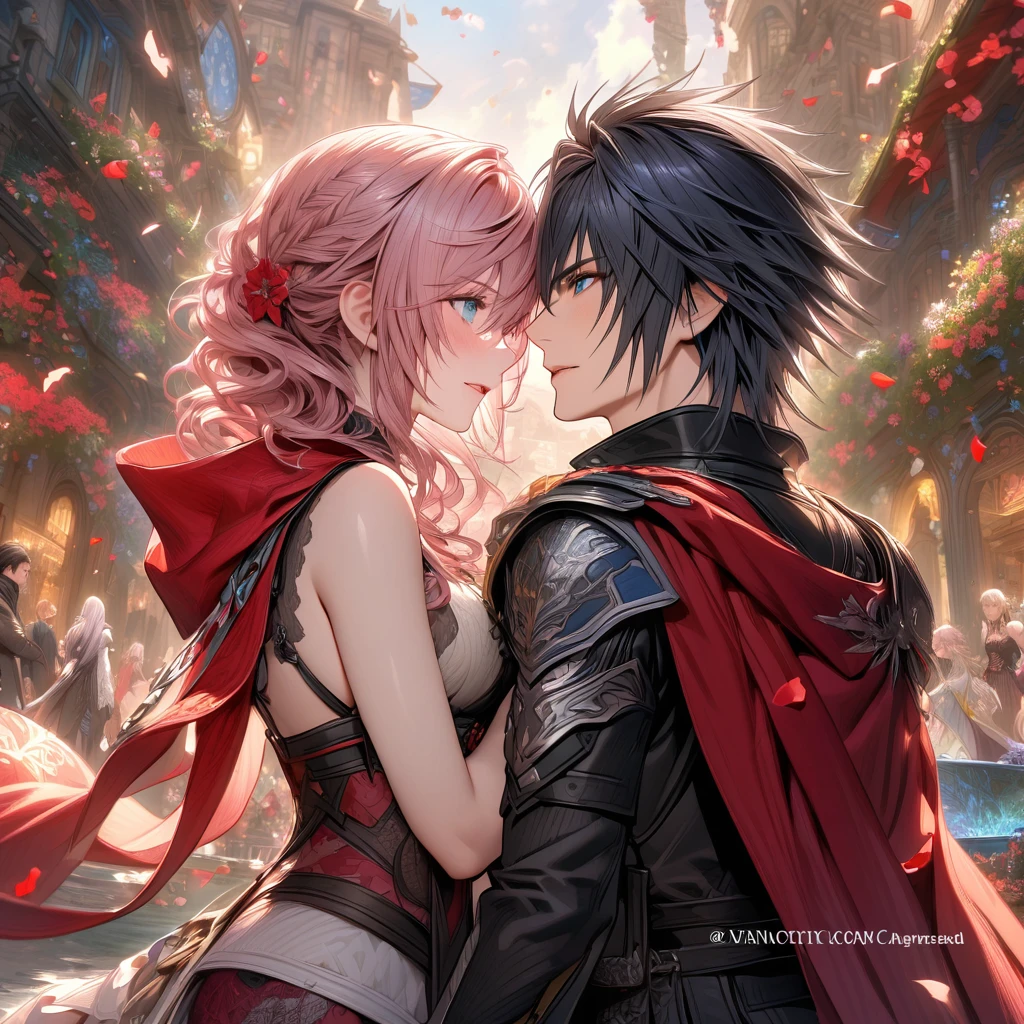 Ultra detailed, HDR, Highres, absurdres, master piece, Claire Farron, wavy pink short hair, expressive aqua pale eyes, Lightning Farron, Final Fantasy XIII, Noctis Lucis Caelum, black hair, expressive blue eyes, Final Fantasy XV, a beautiful woman together with a handsome man, couple, love, fantasy city, fantasy, magical, white feathers, red petals, best quality, white and black clothes with patterns, red cape