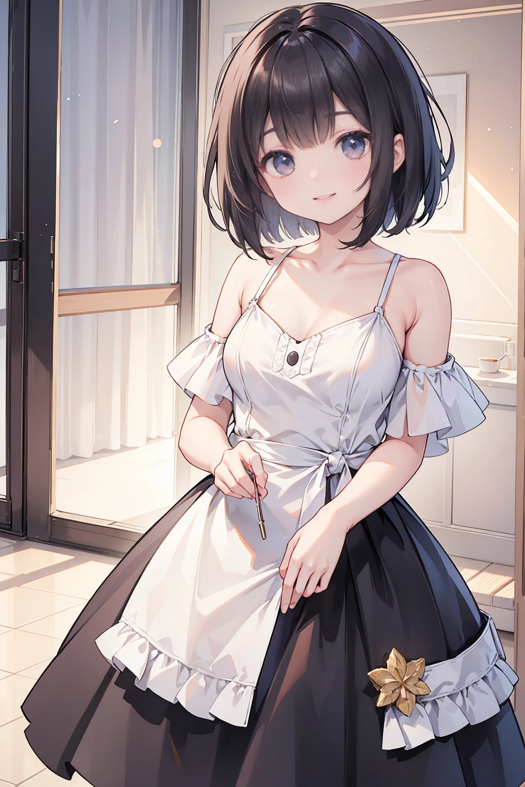 Photorealistic、Highest quality、Highest Resolution、Highest quality、8K、Beautiful woman、Bob Cut Hair、Dark Hair、smile、Smile、