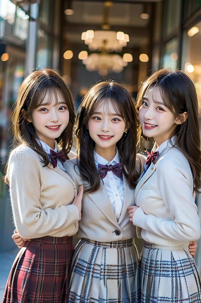 Three Beauties,3 girls, Checked Skirt, a bow tie, winter blazer uniform, smile, big laugh