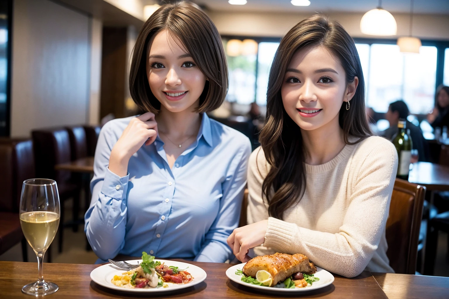 ((Highest quality、8K、masterpiece:1.3))、cute、slimカップル、modelカップル、actress男優、(Realistic, Intricate details:1.2), full-course dinner、Wine Party、Amazing view of the sunset sky and clouds、A bright smile、short hair,Bright Face、 (Age 37), Age 34, red wine 、Appetizers、Italian food、Wine bottle、Champagne、sparkling wine、Two beauties、Brown Hair、Shortcuts、Long sleeve shirt、dress、Beautiful woman 1, (slimな顔), (The body is slim), (Brown Hair), (Shortcuts), cheeks turn a little red,Attractive beauty、restaurant, In a prominent place (From the waist up) Nova Frog Style, actress, model, Upper Body, White wine, slim, wine glass, 中央に置かれたwine glass, smile, (smile: 1.15), Beautiful fine grain, Depth f/2,saturation, High Contrast, Strong light and shadow,Moist Body:1.5、3D texture、Delicate eyes、Brown Hair、The hair is very shiny、