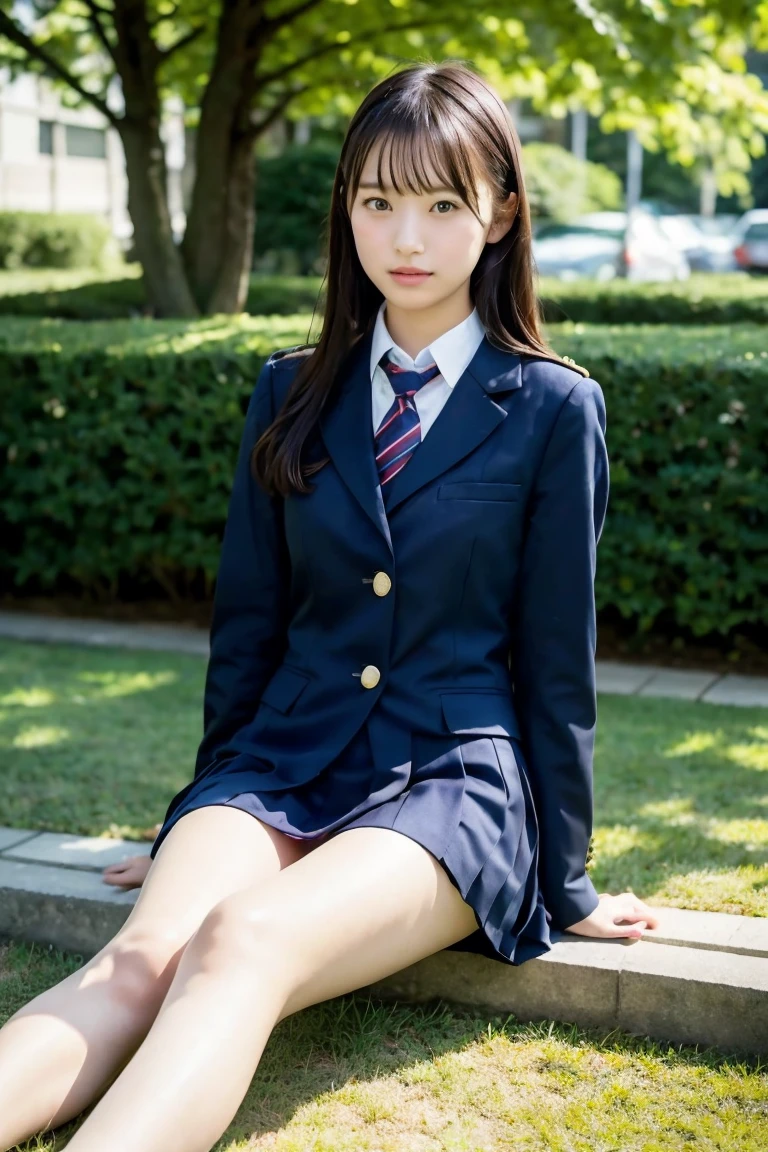 Japanese high school girls、In uniform、Sitting on the grass