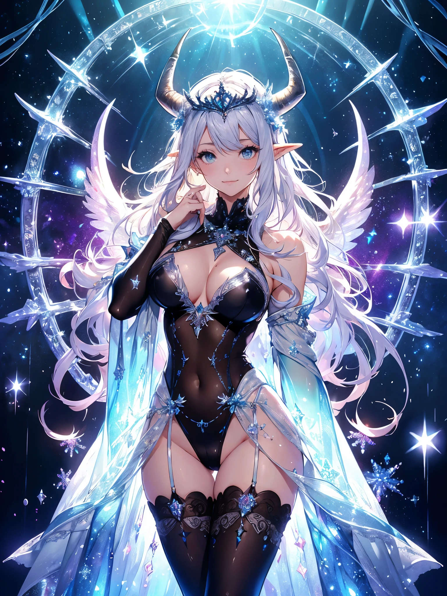 最high quality、最high quality、1 woman elf、Succubus、Stand against a wall(( cowboy shot ))((full body stocking))'((see-through body stocking))、Lots of giant snowflakes、Beautiful eyes、tears、Raise your arms behind your head、Beautiful decoration、、Ice tiara、Beautiful galactic light、A world made of ice、最high quality , Fractal Art.Ice Throne、ice World、Bikini、beautiful big ass、　((Laugh beautifully、))((Glowing ice　))SMqueen、Beautiful face、orgasm、Ecstasy、Beautifully decorated stockings、Devil's World、Ice crystals、Crystal of snow、Ice wall、ice World、Bigger on the front、 Beautiful shine,High-definition depiction, Realistic, 8K, Unity, Beautiful thighs,,Giant Devil's Wings、Rainbow-colored wings、Cross your arms behind your head、 light smile, Beautifully and vividly drawn, , beautiful beautiful透き通る肌、The magic of shining beautiful decoration、Giant horns、 demon king、、Beautiful decorationの角、 , beautiful、 Romanticism,mosquito。 The most beautiful form of chaos, Mr..々 Intertwined flowers, P article,Magical gentle light,smile,,image quality、masterpiece、Beautiful face、Super beautiful elf woman((Big breasted 22 year old office lady、Bust 120,Beautiful long ironed hair、Silver Hair、height: 165cm。、Esbian、、high quality、、Visual Arts、最high quality、1 woman elf NP: Worst quality ,beautiful Fractal Art　、、、light、Beautiful radiance,High-definition depiction, Realistic, 8K, Unity, , light smile, Beautifully and vividly drawn, , Beautiful, beautiful, clear skin、 Countless rays of light pouring down, Swirling Light, big background, , Intense light is emitted from the magic circle in front of the girl. Romanticism,Cowboy Shot: 最high quality　　