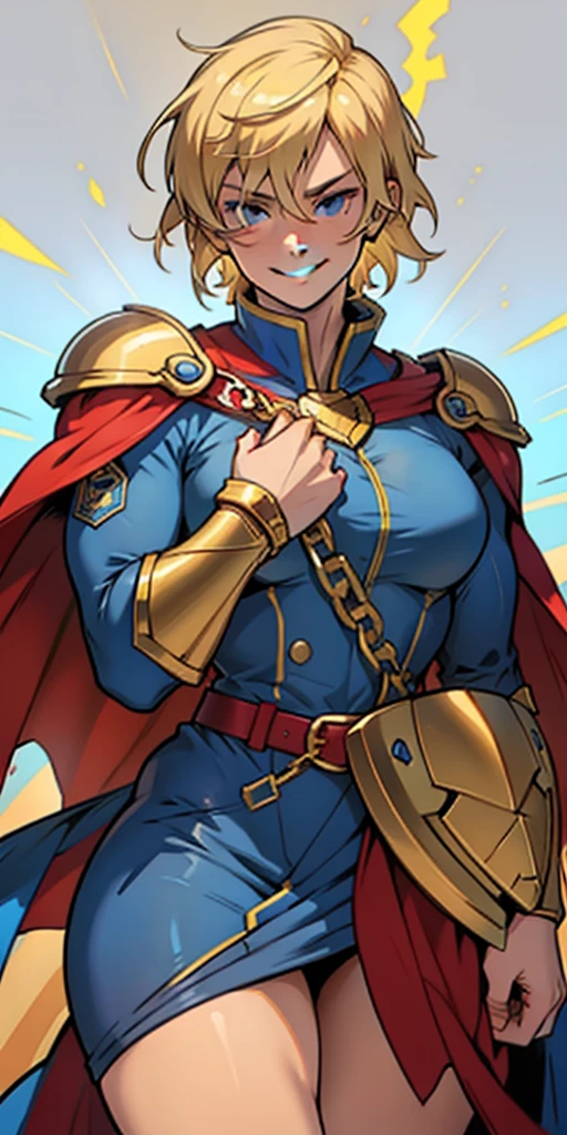 Young female, blonde with short hair, with big, bright blue eyes, wearing a blue costume, defined chest, wearing a golden shoulder pad in the shape of an eagle, with a golden chain running across his chest holding a red cape Smiling with blood splash on face and clothes