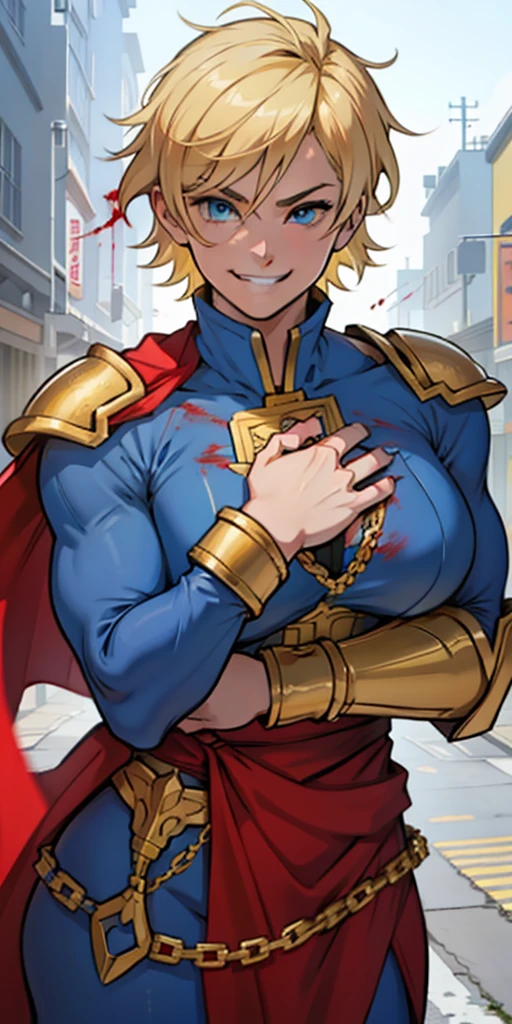 Young female, blonde with short hair, with big, bright blue eyes, wearing a blue costume, defined chest, wearing a golden shoulder pad in the shape of an eagle, with a golden chain running across his chest holding a red cape Smiling with blood splash on face and clothes