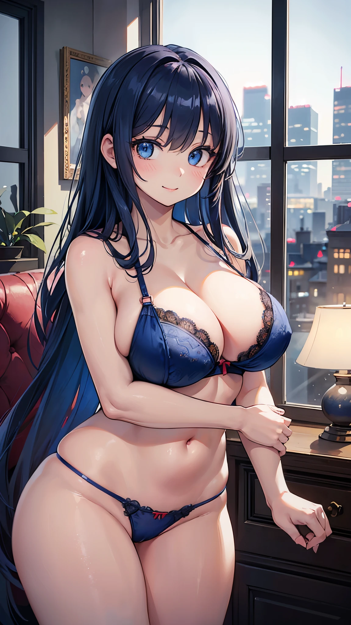 (masterpiece: 1.3、Highest quality、Ultra-high resolution、Very detailed)、(Real、Photorealistic: 1.4)、Beautiful illustrations、Perfect lighting、Natural light、Depth of the Boundary、Beautifully detailed hair、Beautifully detailed face、Beautiful details、Beautiful body、Firm breasts、Beautiful thighs、Beautiful clavicle、Beautiful legs、Beautiful Hands、Show to the viewer、One girl、Very cute woman、(Perfect Anatomy、Anatomically correct)、Cute and symmetrical face、Baby Face、Perfect Face、Perfect Eyes、Shiny skin、((Long Blue Hair))、((Straight Hair))、Long eyelashes、((Big blue eyes))、(Very large and powerful breasts)、(((Big Breasts)))、((Cleavage))、juicy thighs、Attractive thighs)、(Beautiful night cityscape seen from the window)、((indoor、Blurred night cityscape seen through a large window))、(Cute Smile、Red cheeks、Open lips)、((Blue-black bra))、((Blue-black panties))、Cowboy Shots