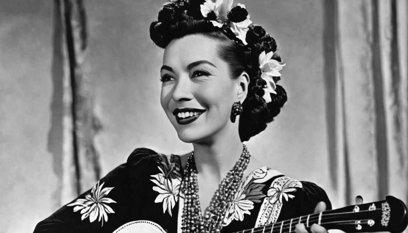 1936; Carmen Miranda playing Ukulele, by Genevieve Naylor