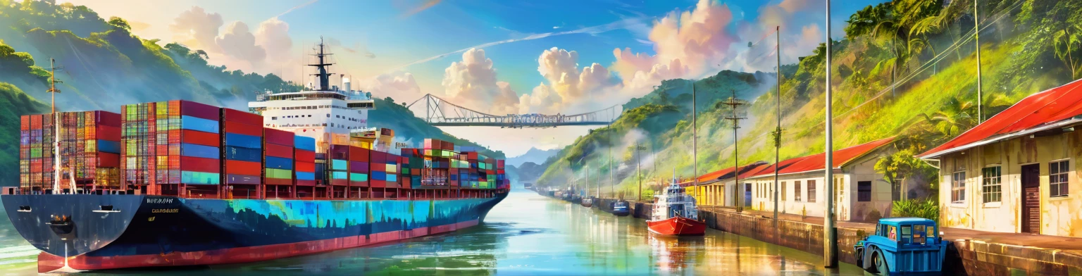 Panama Canal, paint, double exposure, (textura de paint:1.2), (Masterpiece:1.2), Best Quality, (hyperdetailed, more detailed:1.2), high resolution textures, beautiful landscape, Very detailed, very clear, (Panama Canal), vivid colors, HD, multicolor style, barco de buques pasando el Panama Canal, (ship is called Panama)