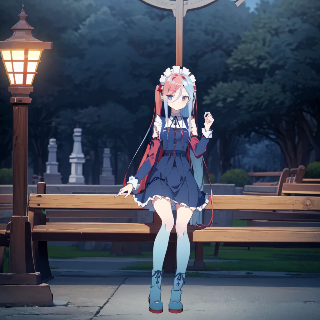 [(cathedral background:1.4)::5],original,(illustration:1.1),(best quality),(masterpiece:1.1),(extremely detailed CG unity 8k wallpaper:1.1), (colorful:0.9),(mid shot:0.95),(full body:1.5),Dynamic angle,(solo:1.2), (girl),((adult)), (detailed beautiful eyes:1.15), (beautiful face:1.15), (glowing red eyes:1.25////),((medium hair)),((split-color hair , red hair , light blue hair)),(high twintails),(chignon),(+perfect hand+:1.21),(Draw an illustration of a gothic girl),(Religious),(slender),(is wearing boots on her feet),((is wearing white maid clothes)),(furious), Lace Off-shoulder lolita fashion,beautiful slender woman,high twintails,full body,mini skirt,((split-color hair , red hair , light blue hair)),((black long boots)),((mini skirt)),((adult)),((dynamic angle)),((split-color hair , red hair , light blue hair)),((split-color hair , red hair , light blue hair)),