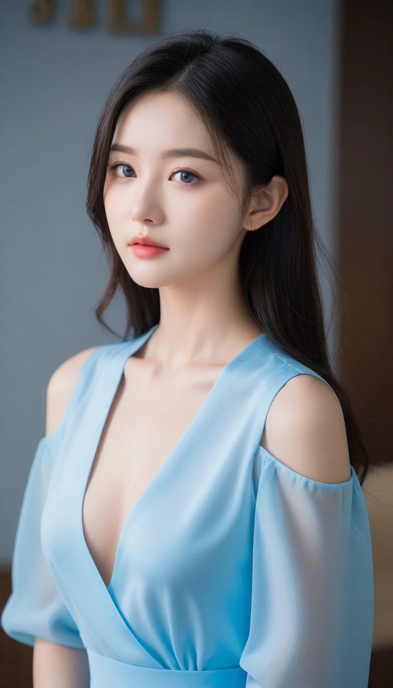 8K, Ultra-high resolution, Highest quality, masterpiece, Rule of thirds photograph,surreal, photograph, 1 Girl, (:1.3), pretty girl, Cute face, Beautiful eyes in every detail, (pale blue eyes:2.2)detailed,masterpiece,One Girl:1.2, Japan Female Announcer,Tabletop,glare,Black Hair,medium bob style, semi long hair,(white gown:1.8),White collared blouse,The chest buttons are open,Sharp focus、Perfect dynamic composition、Beautiful and detailed、Thin Hair、Realistic skin texture with attention to detail、smile、Close-up portrait、Model Body Type,Looking at the audience、beauty,Long neck、(((Ideal body type))),C-cup small breasts :2,、Portraiture:2、Perfect Anatomy、detailed、detailed、surreal、Light and shadow,Strong light