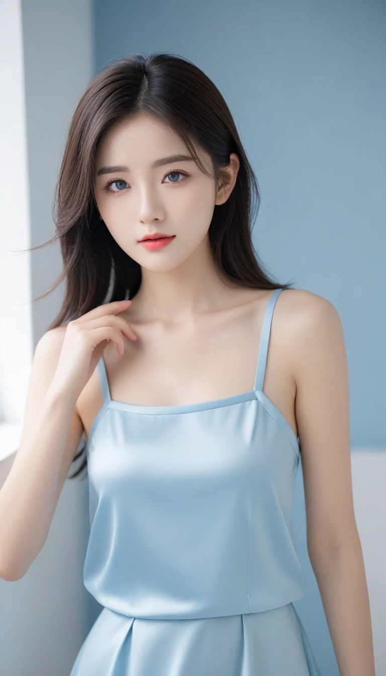top Quority,Ultra-clear resolution,Clear eyes,plain face,s the perfect face,White skin,Perfect chest,with perfect legs,Random color style skirt,Random environment
