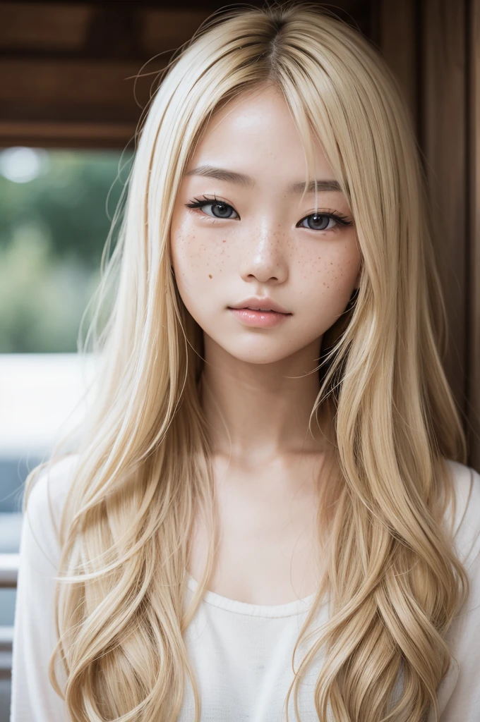 Asian girl with wavy light blonde hair and freckles on her face