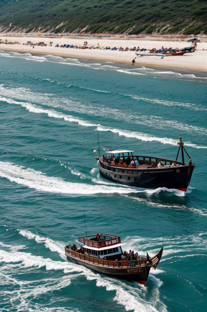 A boat approaching the seashore where there are people sacrificing black bulls 