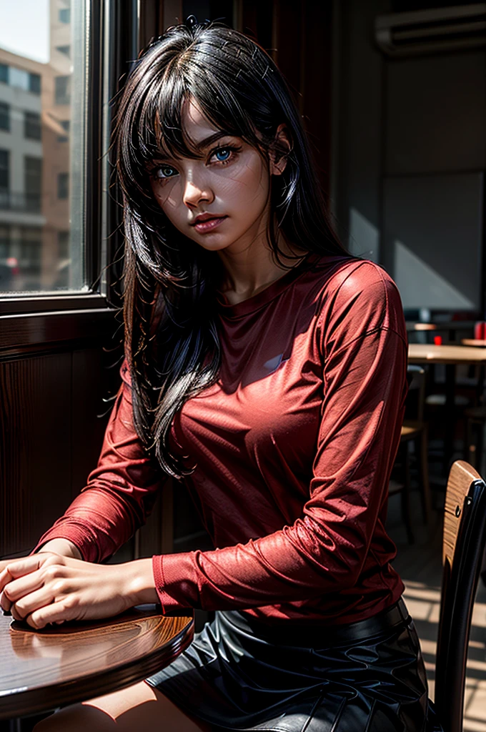 1 girl, red shirt, black skirt, cafe table, sunrise, black hair, straight hair, blue eyes, solo, sitting on chair, looking at viewer, dramatic lighting, coffee on table