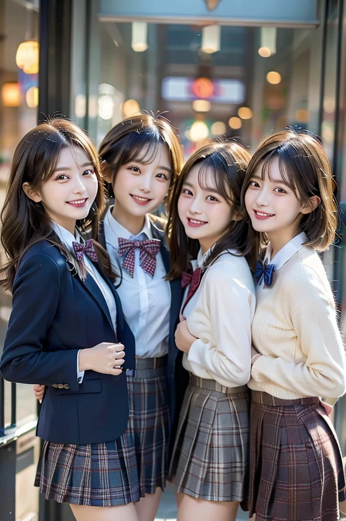 Three Beauties,3 girls, Checked Skirt, a bow tie, winter blazer uniform, smile, big laugh
