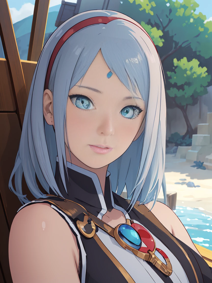 (masterpiece, 最high quality:1.4), (pirate ship), (From the back:1), (One girl), (alone), (head to waist photo) (European youth:1), Blue Hair (Fashion Hair:1.3), Nefertari Vivi from One Piece, hyperRealistic, Skin with attention to detail, Digital SLR, Soft lighting, high quality, Highly detailed face, Highly detailed eyes, Highly detailed skin, Skin pores, Scattered beneath the surface, Apply blush all over the face, Highly detailed face, Highly detailed eyes, Beautiful Face, Fuller lips, Detailed Background, Depth of written boundary, Volumetric lighting, Sharp focus, Realistic proportions, Excellent anatomy, (Realistic, hyperRealistic:1.4), 16k hdr, Dawn
