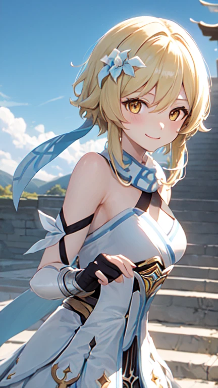 luminedef, upper body, smile, blush, outdoors, day, simple background, blue sky, short hair, sky, temple, looking at viewer, stairs, mountain, moody lighting,