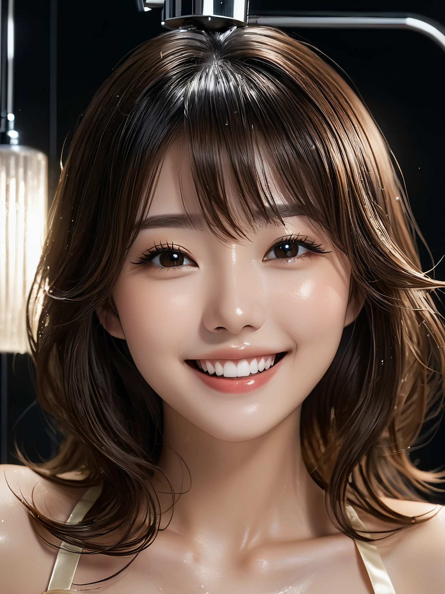 product quality, 1girl, full body shot, front view, a Japanese young pretty girl, shoulder length hair, wearing only a silky satin light yellow apron with white frills over her naked body with a big smile, taking a shower in a luxury shower room, glamorous figure, wet hair, wet body, busty, hyper cute face, glossy lips, double eyelids in both eyes, natural makeup, long eyelashes, shiny smooth light brown hair, asymmetrical bangs, fair skin, central image, high resolution, high detail, detailed hairstyle, detailed face, cinematic lighting, octane rendering, vibrant, hyper realistic, perfect limbs, perfect anatomy
