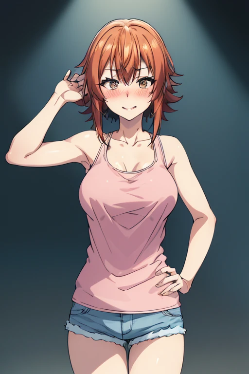 masterpiece, absurdres , (intricate details), (colorful),cinematic lighting,bust shot,extremely detailed CG unity 8k wallpaper,chisa\(grand blue\), 1girl, solo, ((tank top, denim shorts)), (large breasts), hand on hip, looking at viewer, (city street), charming smile, ((slim waist)), ((blushing)), armpit, full body