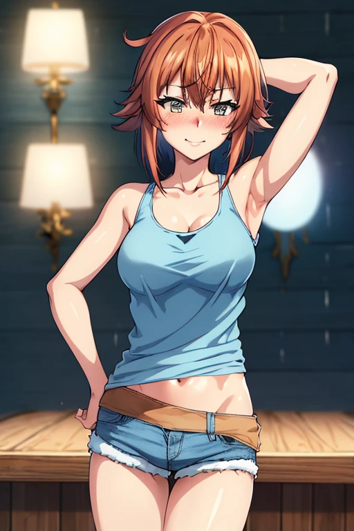 masterpiece, absurdres , (intricate details), (colorful),cinematic lighting,bust shot,extremely detailed CG unity 8k wallpaper,chisa\(grand blue\), 1girl, solo, ((tank top, denim shorts)), (large breasts), hand on hip, looking at viewer, (city street), charming smile, ((slim waist)), ((blushing)), armpit, full body