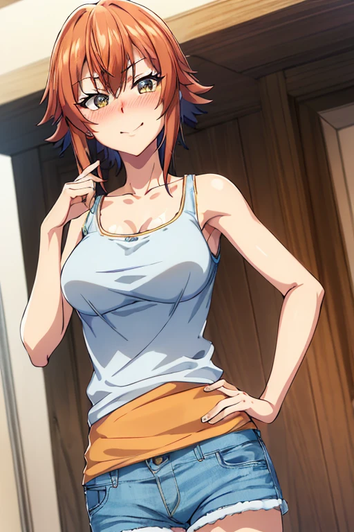 masterpiece, absurdres , (intricate details), (colorful),cinematic lighting,bust shot,extremely detailed CG unity 8k wallpaper,chisa\(grand blue\), 1girl, solo, ((tank top, denim shorts)), (large breasts), hand on hip, looking at viewer, (city street), charming smile, ((slim waist)), ((blushing)), armpit, full body