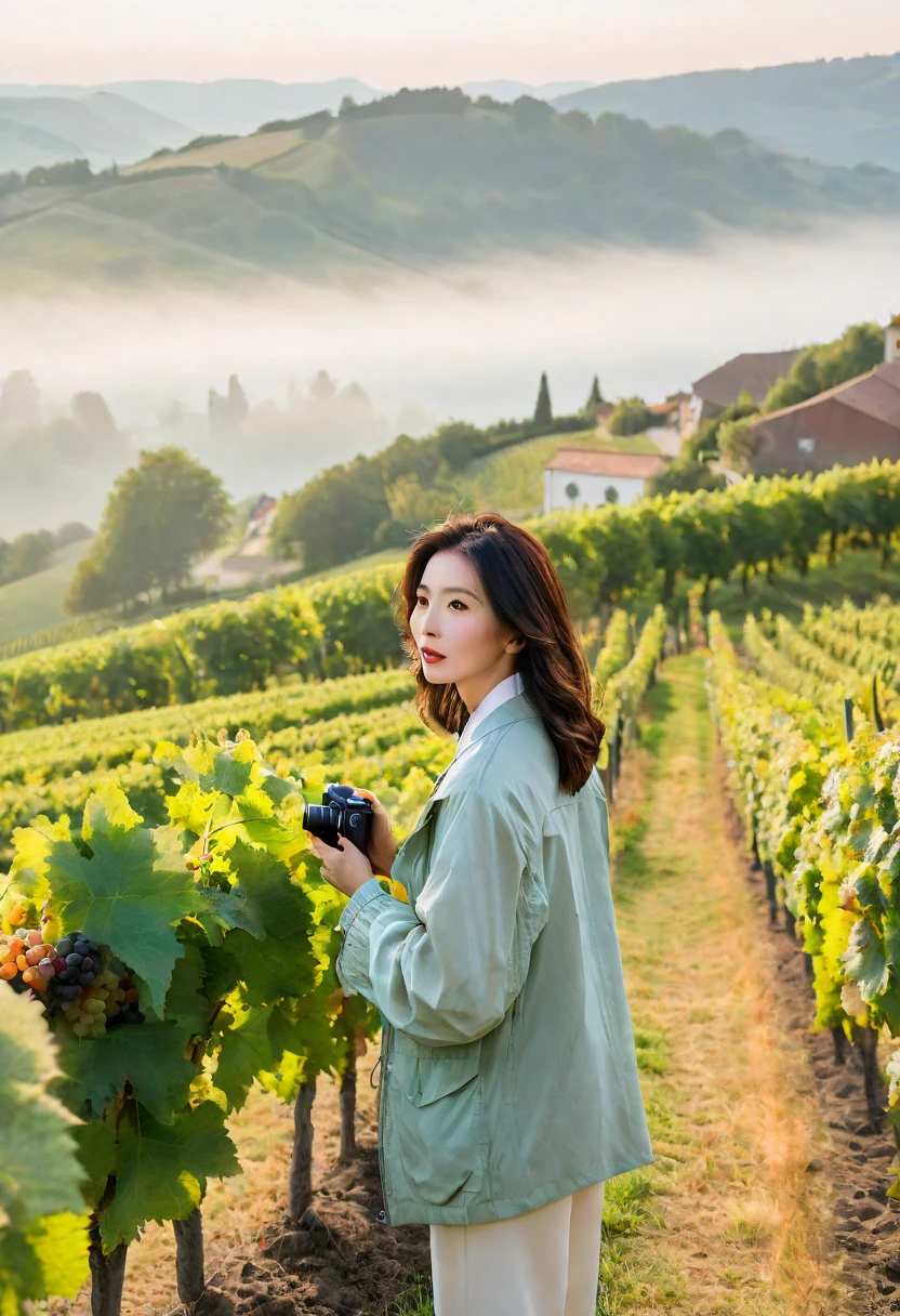Woman in a beautiful landscape 8K highest quality, Beautiful 36-year-old Korean woman, Chest size 34 inches, Passing through the vineyards in the Swiss countryside, the cathedral is visible through the early morning fog., The back background is realistic and vivid image quality, medium hair, Casual and British - (summer jacket) ,Perfect and realistic photos, The background is realistic. Full body shot with Canon camera 16-35 wide angle lens, expressionless, Walking up a vineyard hill covered in thick fog., Looking at the front camera