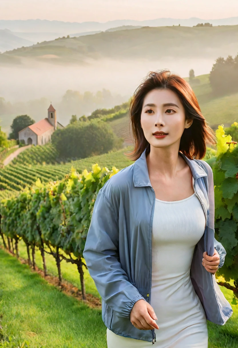 Woman in a beautiful landscape 8K highest quality, Beautiful 36-year-old Korean woman, Chest size 34 inches, Passing through the vineyards in the Swiss countryside, the cathedral is visible through the early morning fog., The back background is realistic and vivid image quality, medium hair, Casual and British - (summer jacket) ,Perfect and realistic photos, The background is realistic. Full body shot with Canon camera 16-35 wide angle lens, expressionless, Walking up a vineyard hill covered in thick fog., Looking at the front camera