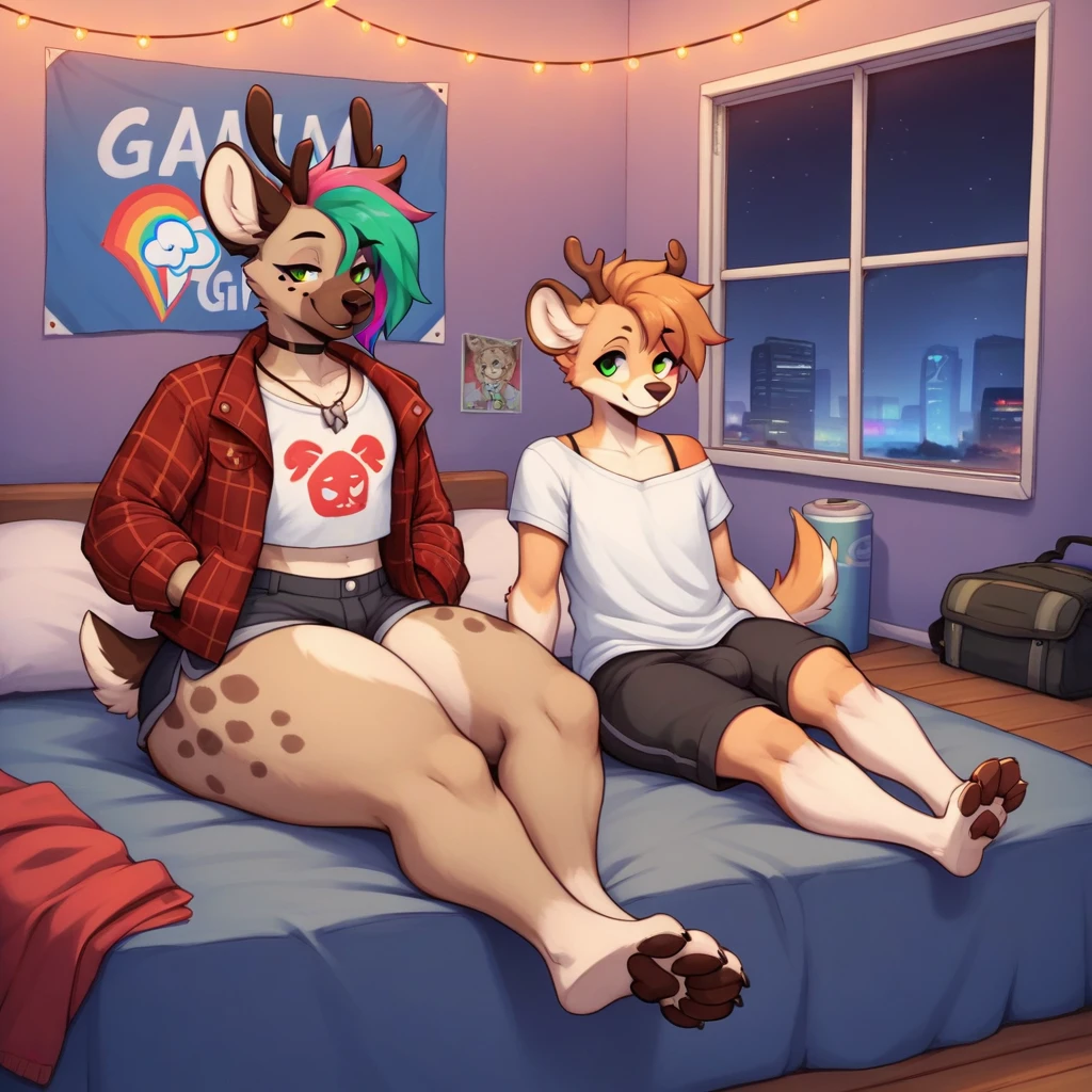 {Side view} a couple of furry young girl and a furry young boy in a treehouse try to endure a blazing heatwave by eating plenty of ice cream (most of which has unfortunately already melted) and drinking lemonade {[girl: canine, anthro, huge , round belly,, huge thighs, wide hips, chubby belly, laying down, rubbing belly]}, {[boy: canine, anthro, fat, (morbity obesity:1.4) fat legs, fat belly, fat arms, drinking lemonade by the pitcher, bigger than the couch, fat, fat belly, round belly, stuffed, sitting, hands on belly]} looking each other, barefoot, shorts, underwear, size difference, same age,  