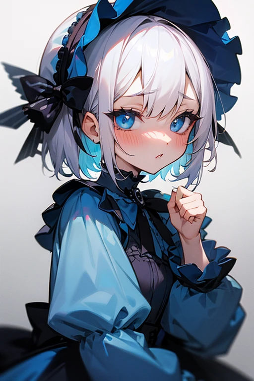 Short white hair, blush, Gothic Lolita、Punk Fashion、Headbang 2.、Blue clothes、