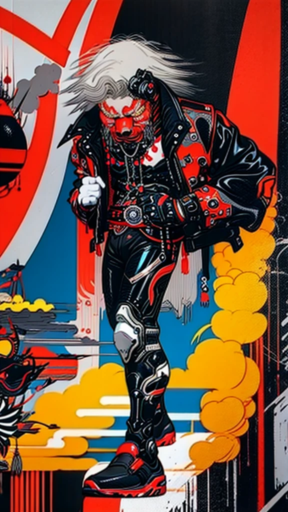 lion dance whole body cyber punk Japan Leather jacket Gray Hair male Fantasy