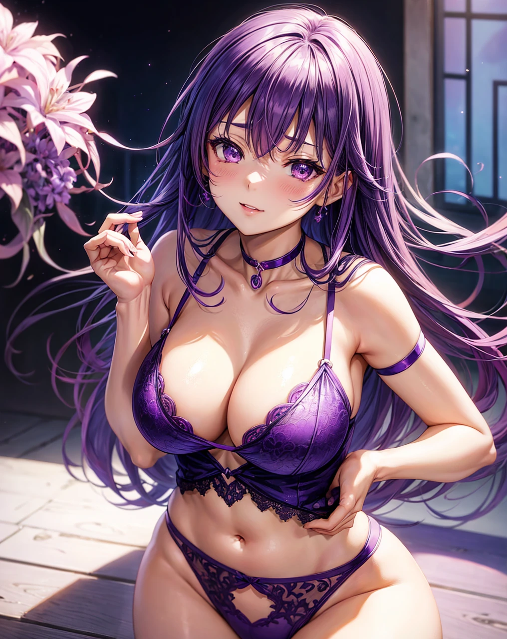anime girl in purple lingerie with purple hair and big breasts, an anime drawing inspired by Hisui Sugiura, pixiv, shin hanga, seductive anime girl, oppai, marin kitagawa fanart, ayaka genshin impact, , anime moe artstyle, ecchi, beautiful alluring anime woman, beautiful alluring anime