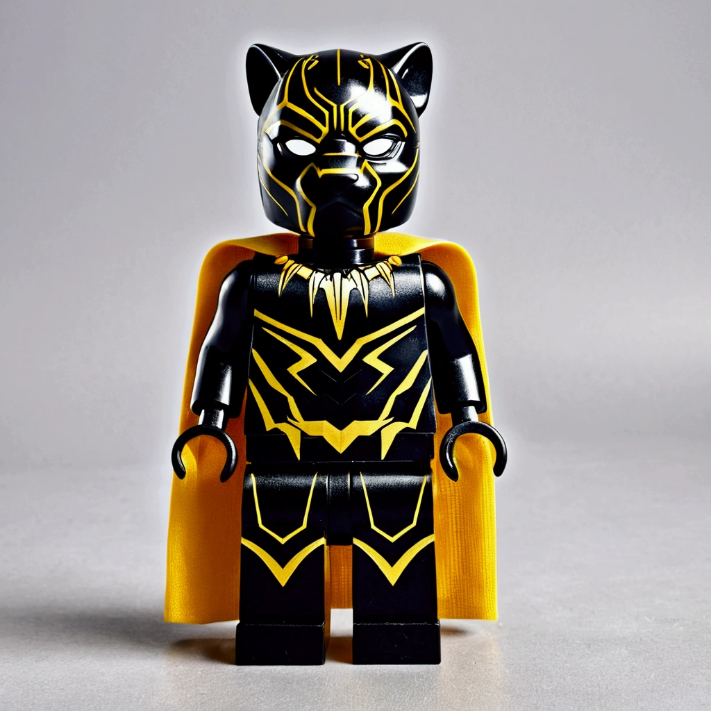 A photo of a golden lego like golden black panther toy, plastic, mini