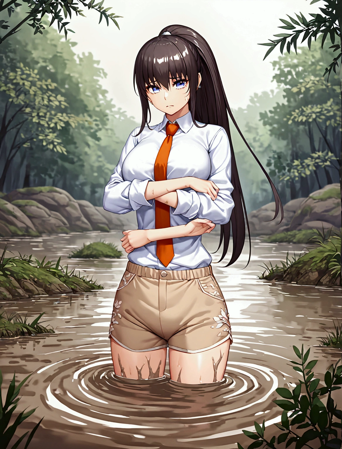 Woman drowning in a swamp,Muddy River, riverbed, cloudy, Uneasy atmosphere,Painful face,Beige shorts,ponytail,Tie your arms,