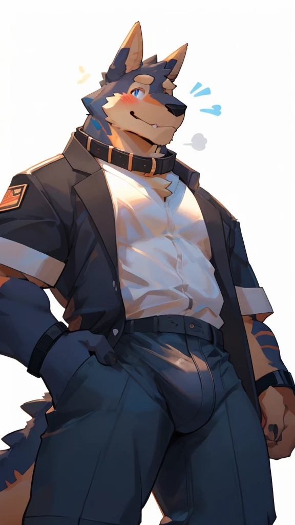 hybrid,low angle view,first person view,(on four),(beautiful eyes, detailed eyes:1.2)male, solo, adjusting bulge, hand bulge, by bigcozyorca, by goonie-san, by bebebebebe, by spikedmauler, bulge in viewer's face, wearing collar, tyrannosaurus hybrid, black tyrannosaurus with dog ears, dog callor, buff, tyrannosaurus,  masculine, blush, drool, cute expression, white background, black fur, wearing dog callor, callor, neck callor, wearing dog callor on neck, full body