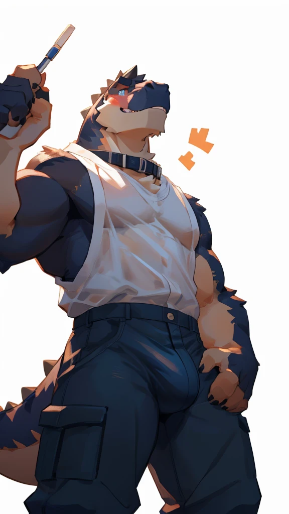hybrid,low angle view,first person view,(on four),(beautiful eyes, detailed eyes:1.2)male, solo, adjusting bulge, hand bulge, by bigcozyorca, by goonie-san, by bebebebebe, by spikedmauler, bulge in viewer's face, wearing collar, tyrannosaurus hybrid, black tyrannosaurus with dog ears, dog callor, buff, tyrannosaurus, masculine, blush, drool, cute expression, white background, black fur, wearing dog callor, callor, neck callor, wearing dog callor on neck, full body