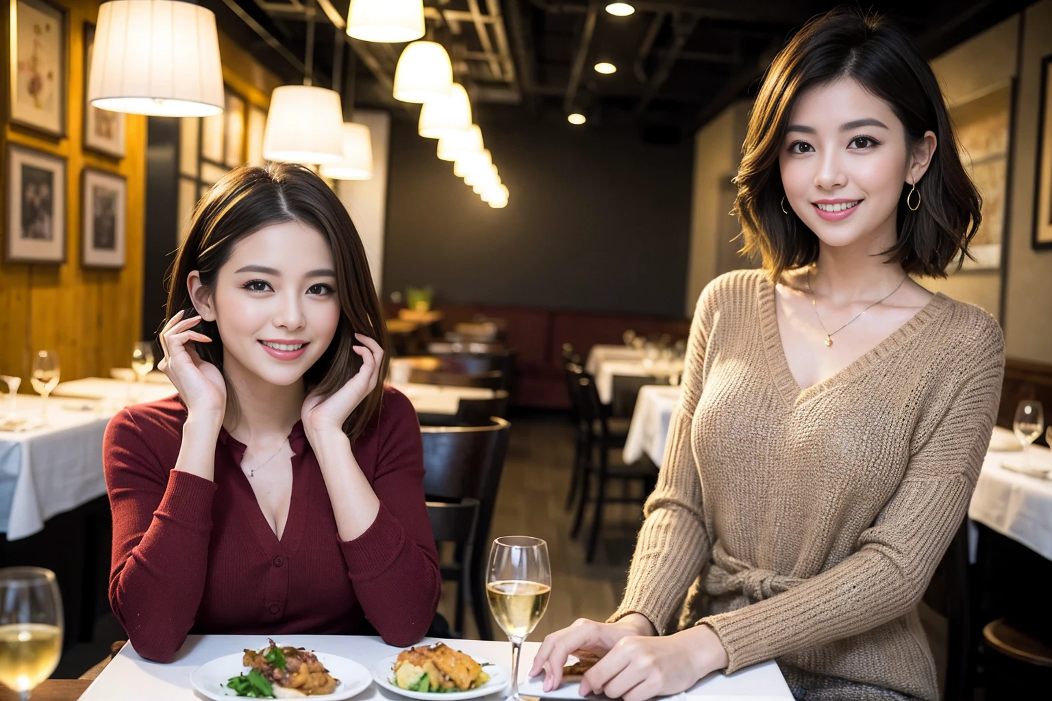 ((Highest quality、8K、masterpiece:1.3))、cute、slimカップル、modelカップル、actress男優、(Realistic, Intricate details:1.2), full-course dinner、Wine Party、Amazing view of the sunset sky and clouds、A bright smile、short hair,Bright Face、 (Age 37), Age 42, red wine 、Appetizers、Italian food、Wine bottle、Champagne、sparkling wine、Two beauties、Brown Hair、Shortcuts、Long sleeve shirt、dress、Beautiful woman 1, (slimな顔), (The body is slim), (Brown Hair), (Shortcuts), cheeks turn a little red,Attractive beauty、restaurant, In a prominent place (From the waist up) Nova Frog Style, actress, model, Upper Body, White wine, slim, wine glass, 中央に置かれたwine glass, smile, (smile: 1.15), Beautiful fine grain, Depth f/2,saturation, High Contrast, Strong light and shadow,Moist Body:1.5、3D texture、Delicate eyes、Brown Hair、The hair is very shiny、