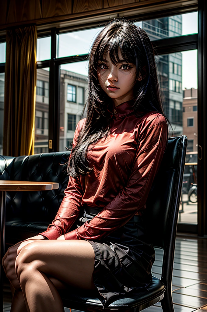 1 girl, red shirt, black skirt, cafe table, sunrise, black hair, straight hair, yellow eyes, solo, sitting on chair, looking at viewer, dramatic lighting, coffee on table