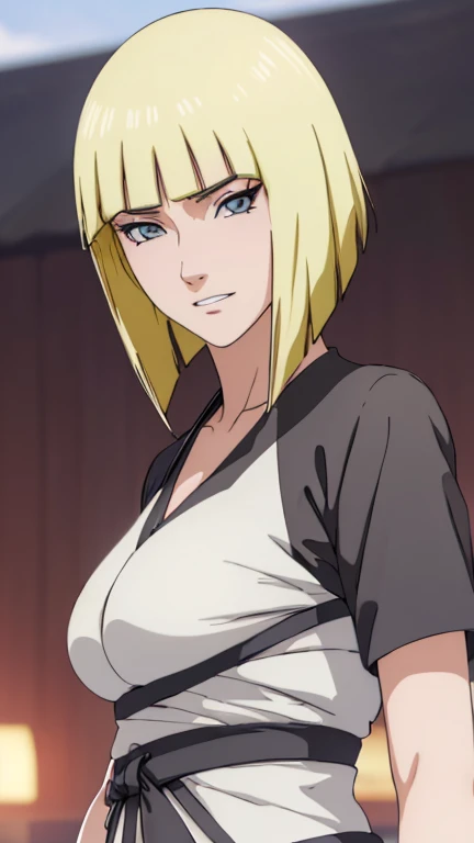 (best quality,4k,8k,highres,masterpiece:1.2), ultra-detailed, (realistic,photorealistic,photo-realistic:1.37), beautiful 17-year-old girl, beautiful slim and graceful figure, Samui from the anime Naruto, detailed face (6k), short haircut (light-colored hair), smiling, model pose