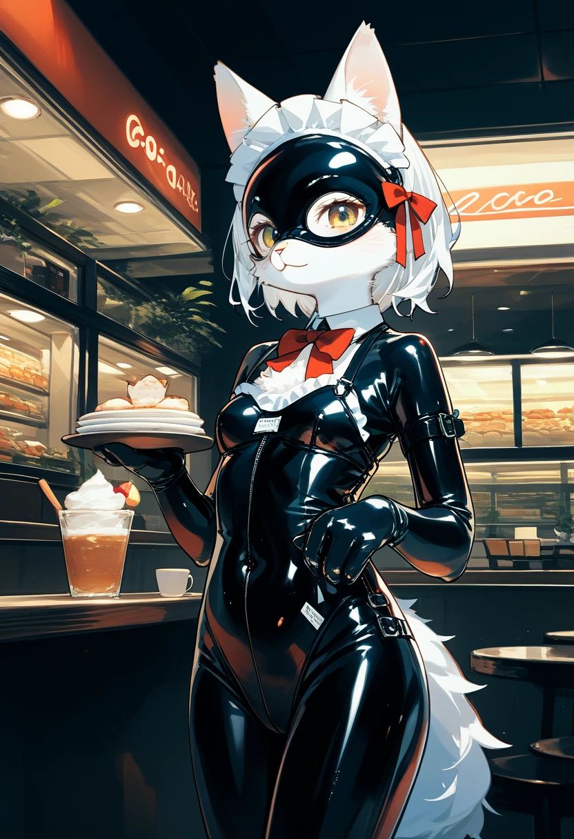 Highest quality, Highest quality, High quality illustrations, masterpiece, Ultra-high resolution, Detailed Background, Cafe, Absurd, Perfect Anatomy, performance, Good lighting, Shadows in the movies(kemono, Furry Personifi猫ion), White Skin, Rubber suit, Rubber suit, latex, neon, neonライト, neonカラー, Rubber maid outfit, ribbon, Rubber mask, Red harness