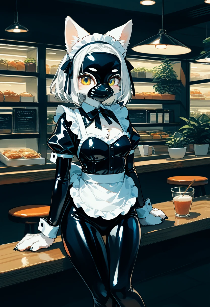 Highest quality, Highest quality, High quality illustrations, masterpiece, Ultra-high resolution, Detailed Background, Cafe, Absurd, Perfect Anatomy, performance, Good lighting, Shadows in the movies(kemono, Furry PersonifiCation), Cat, White Skin, Rubber suit, Rubber suit, latex, neon, neonライト, neonカラー, Rubber maid outfit, ribbon, Rubber mask