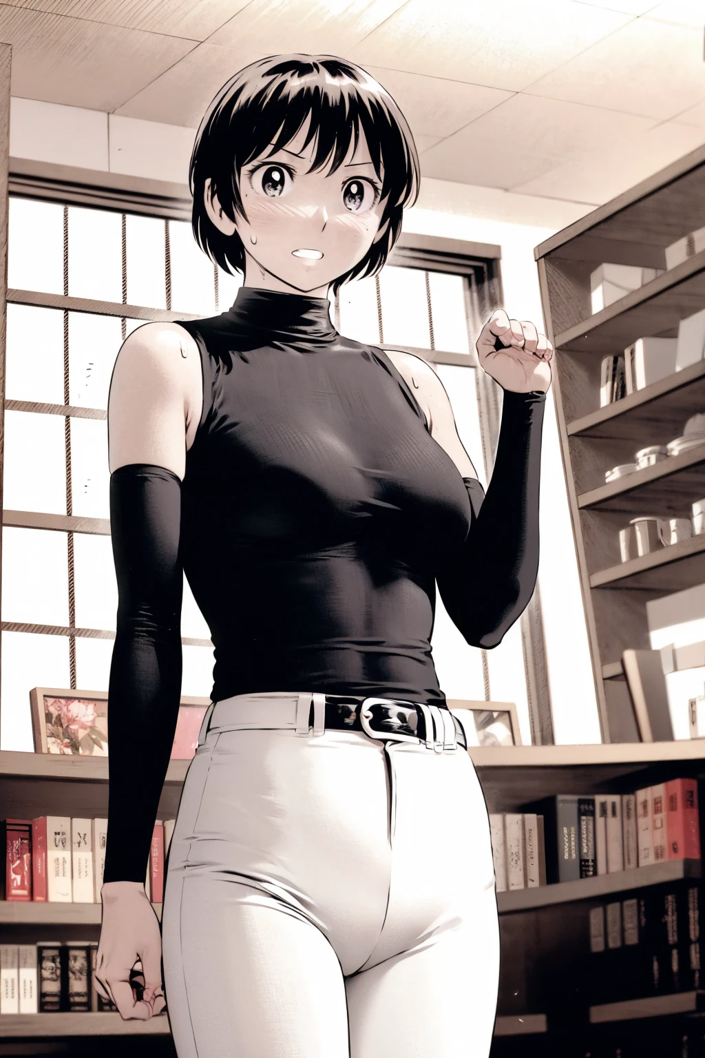 、(masterpiece、Highest quality)、Highest quality, Ultra-high resolution, (((masterpiece))), alone, Sweat、Big eyes,Tight black shirt、Tight white pants、belt、indoor、Composition from the front、(後ろCut your hair short、short hair、blonde、woman)、Shortcuts、Embarrassed face、Cut your hair short、可愛いwomanの子、Big Breasts、office