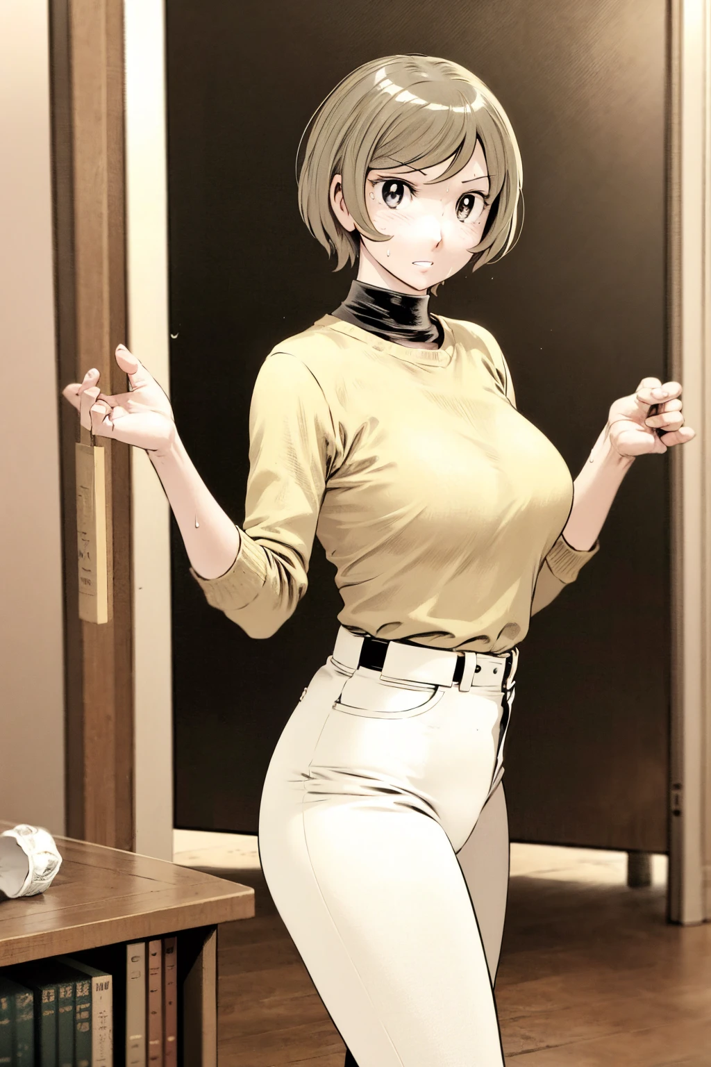 、(masterpiece、Highest quality)、Highest quality, Ultra-high resolution, (((masterpiece))), alone, Sweat、Big eyes,Tight black shirt、Tight white pants、belt、indoor、Composition from the front、(後ろCut your hair short、short hair、blonde、woman)、Shortcuts、Embarrassed face、Cut your hair short、可愛いwomanの子、Big Breasts、office