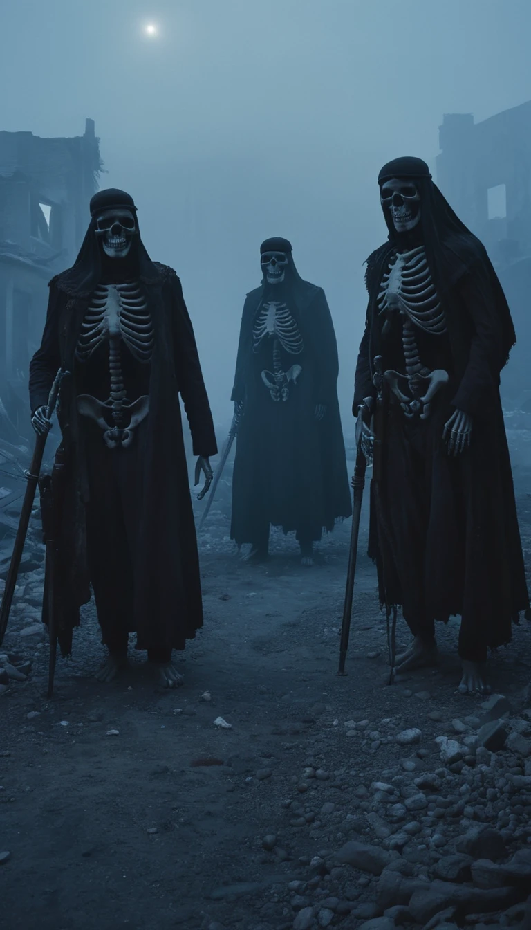 Ten skeletons wearing military uniforms, standing in a ruined town at night. The scene is shrouded in mist, creating a faint and eerie atmosphere.
