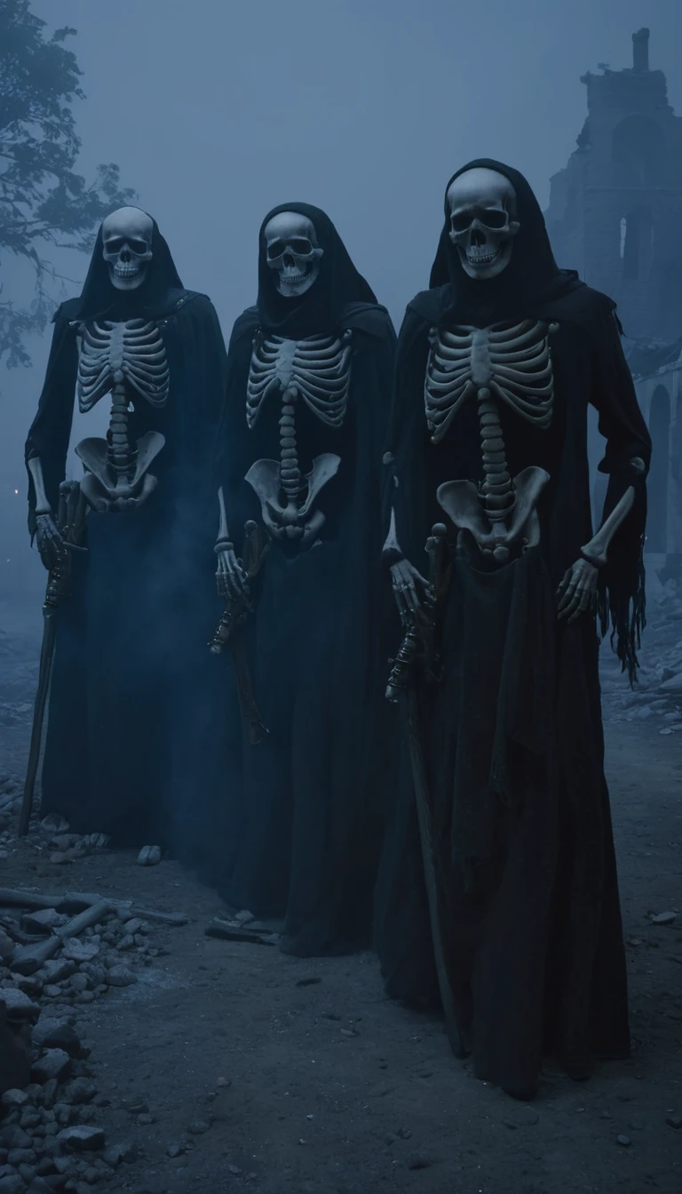 Ten skeletons wearing military uniforms, standing in a ruined town at night. The scene is shrouded in mist, creating a faint and eerie atmosphere.
