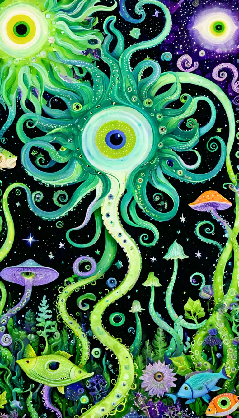 "Dick Ellescas Artist Style",Forest in summer,Starry Sky、fish、Tentacles、Eye、diatom、Spiral Trail,Stitching together an abstract painting,Describing the inner world of autistic people,Sense of space,White Space,interesting,Innocence,Psychedelic Art,Green Theme,Bold contrasts,purples and greens