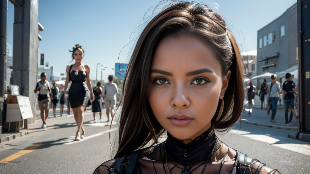 beautiful girl in super transparent clothing revealing her intimacy, ashamed, people around looking, scared face, monster in the background
