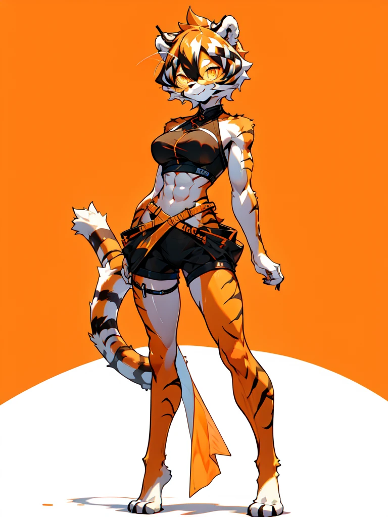 white background, full body, ((furry female:1.2)), Standing, animal ears, white hair, black hair, round eyewear, short hair, large breasts, muscle, tail, orange eyes, orange hair, multicolored hair, tiger girl, hair between eyes, tiger_ears, tiger_tail, orange-tinted_eyewear, tinted_eyewear, big breasts, evil smile, Shadows under feet, Abdominal muscles, (((Hooker outfit:1.2))), show body