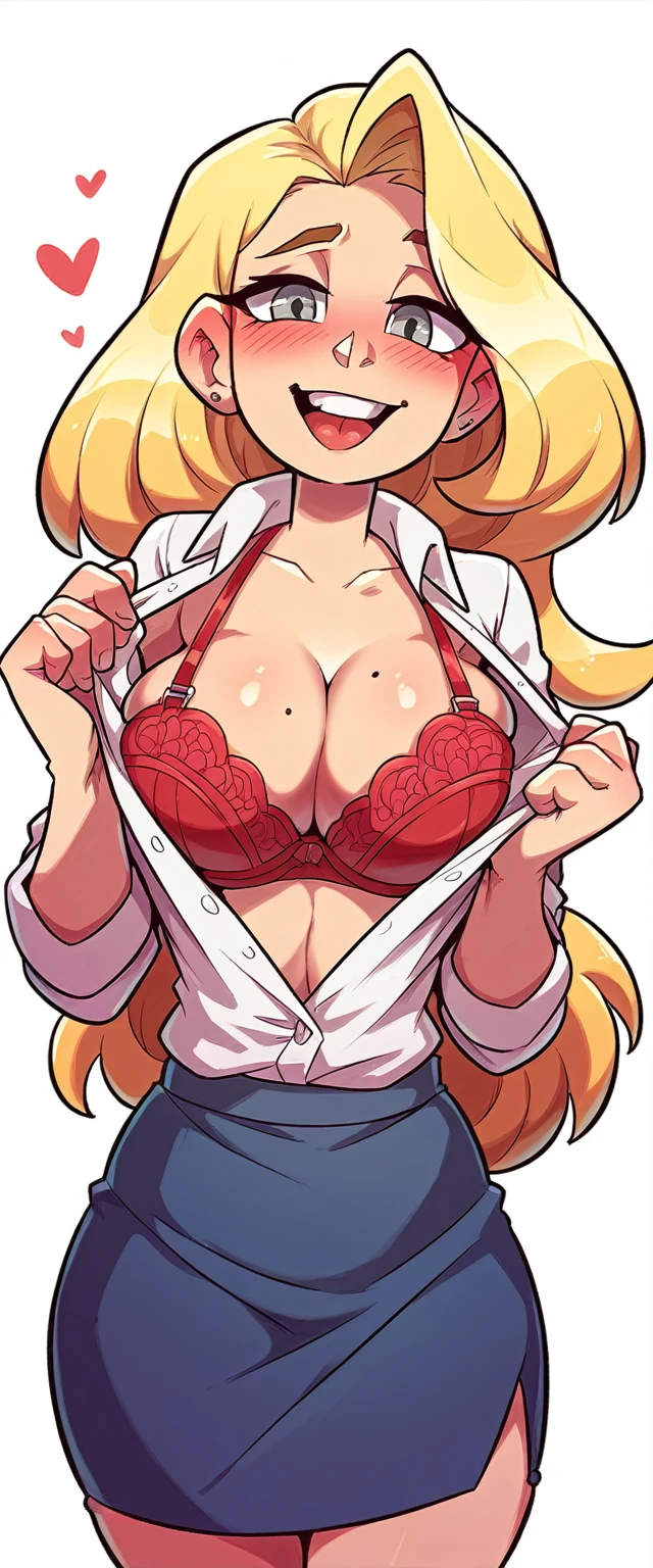 A sensual sexy woman beautiful big breast beautiful attraction long blonde yellow hair her gray eye wears a white button-down shirt office shows her chest red bra and a short purple skirt she gives a red bra to a young guy thanks the blushing man grabs a bra red bra she is happy blushing