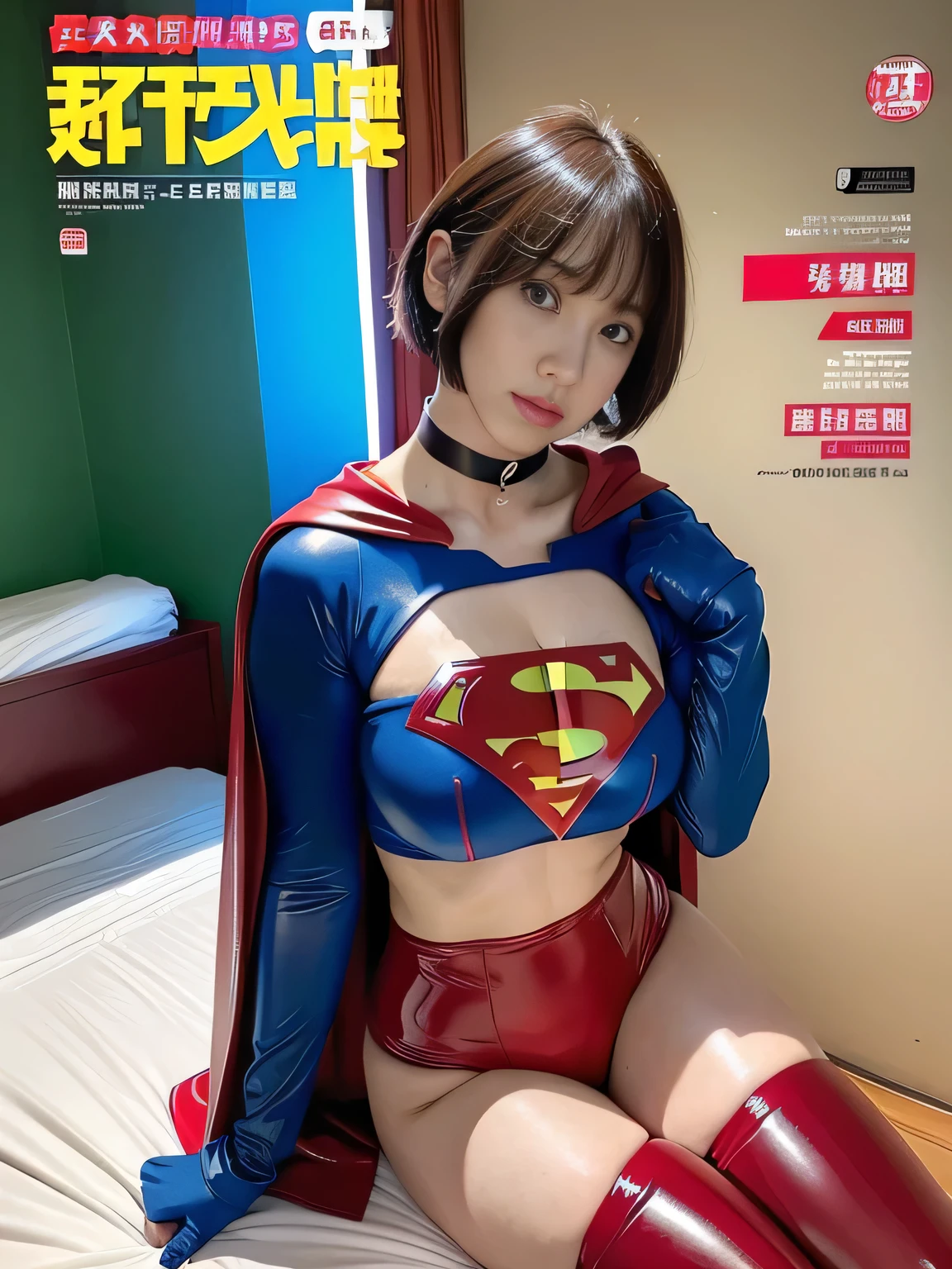 masterpiece、Rubber Supergirl Costume、short hair、Red rubber long boots、Big and ample breasts、looking at the camera、choker、Long sleeve、Cape、mini skirt、Off the shoulder、Sweaty skin、Hospital room、Photo magazine cover、During treatment、Sit down and show off your beautiful legs、Knee-length boots、wallpaper for pc、